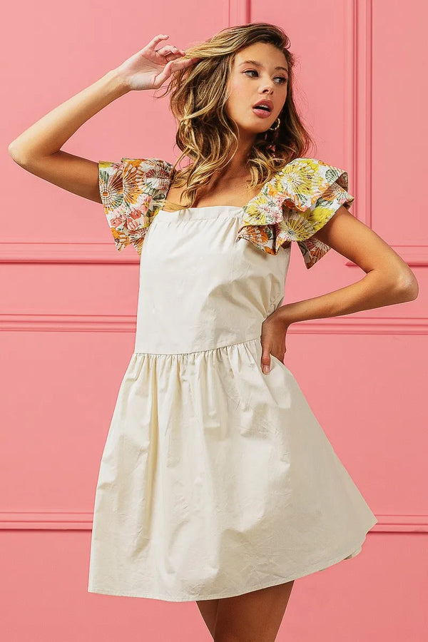 Bibi Flower Embroidered Floral Print Sleeve Dress.