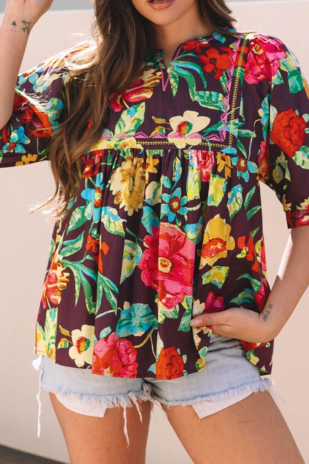 Flower embroidered trim half sleeve blouse.