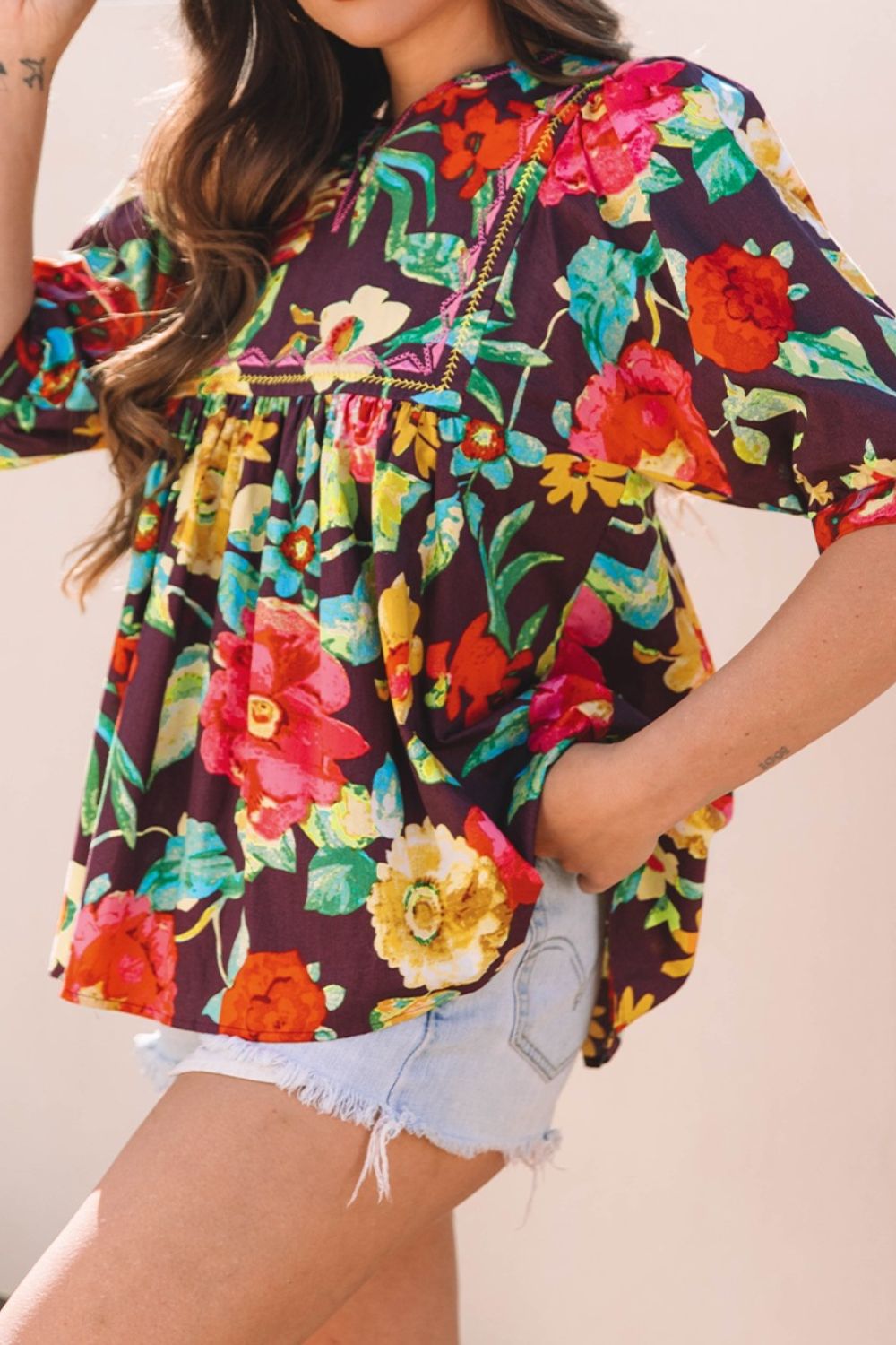 Flower embroidered trim half sleeve blouse.