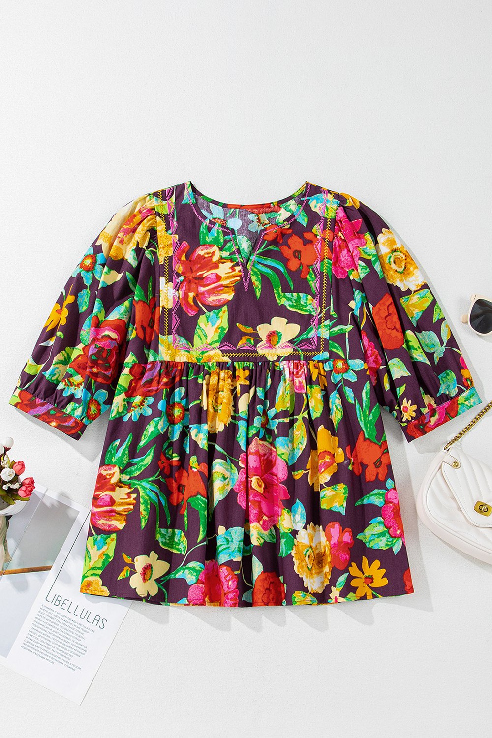 Flower embroidered trim half sleeve blouse.