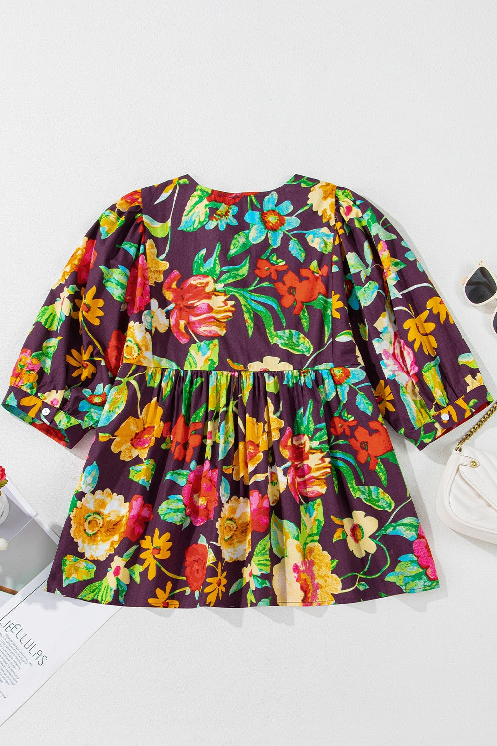 Flower embroidered trim half sleeve blouse.