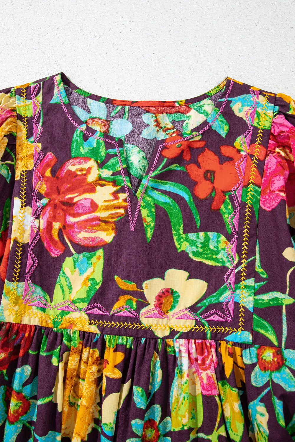 Flower embroidered trim half sleeve blouse.