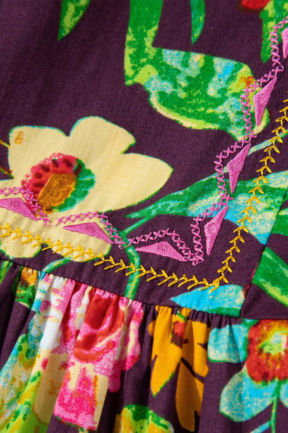 Flower embroidered trim half sleeve blouse.
