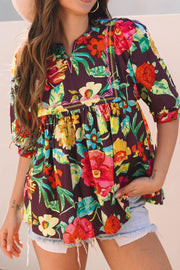 Flower embroidered trim half sleeve blouse.