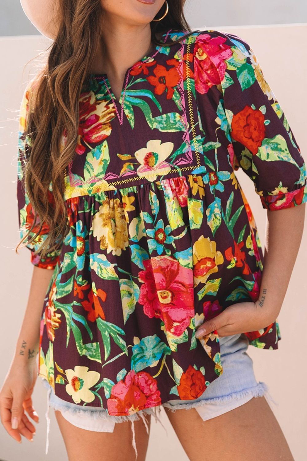 Flower embroidered trim half sleeve blouse.