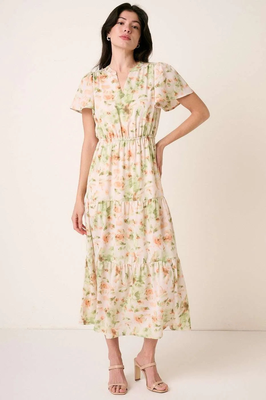 Mittoshop Flower Print Flutter Sleeve V Slit Maxi Dress.