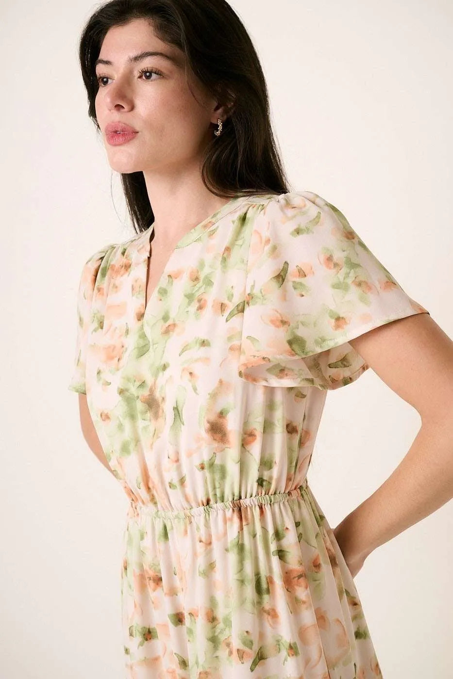 Mittoshop Flower Print Flutter Sleeve V Slit Maxi Dress.