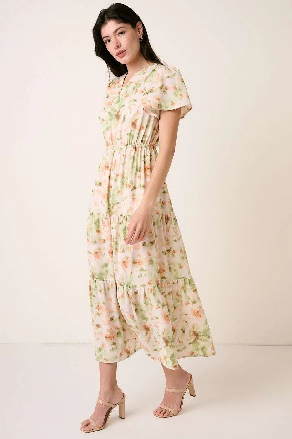 Mittoshop Flower Print Flutter Sleeve V Slit Maxi Dress.