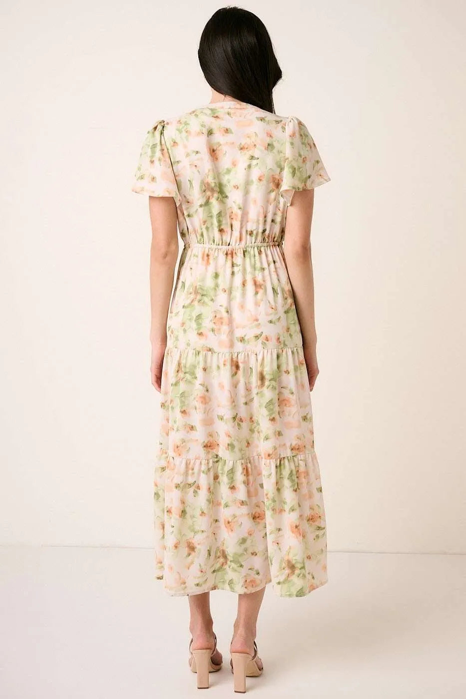 Mittoshop Flower Print Flutter Sleeve V Slit Maxi Dress.
