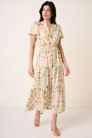 Mittoshop Flower Print Flutter Sleeve V Slit Maxi Dress.
