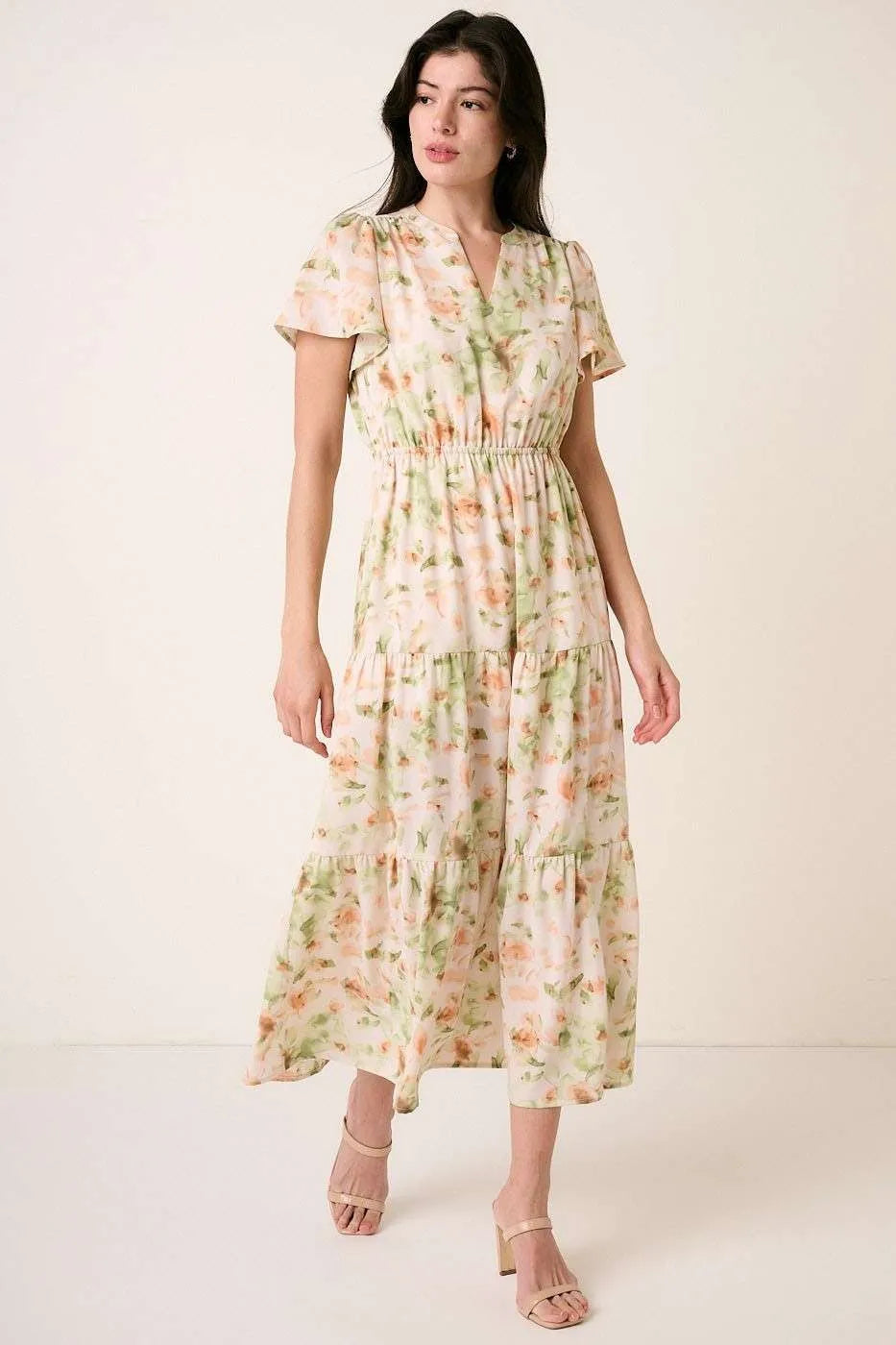 Mittoshop Flower Print Flutter Sleeve V Slit Maxi Dress.