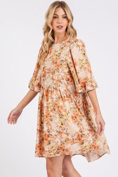 Mittoshop Flower Print Linen Blend Babydoll Mini Dress.