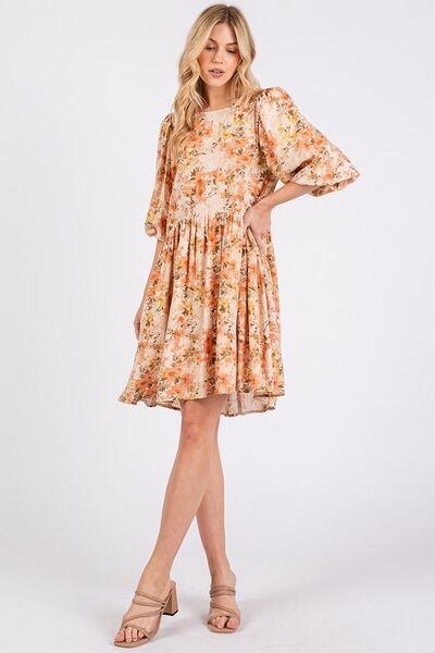 Mittoshop Flower Print Linen Blend Babydoll Mini Dress.