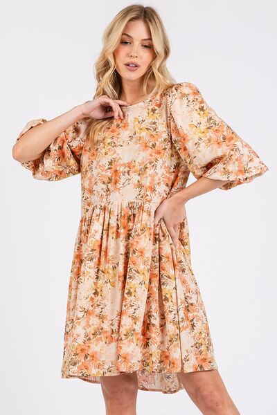 Mittoshop Flower Print Linen Blend Babydoll Mini Dress.