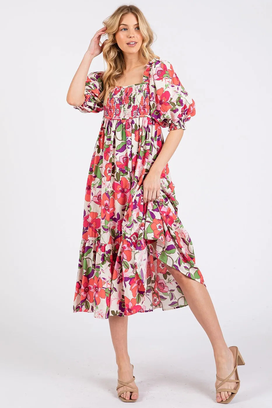 Mittoshop Flower Print Puff Sleeve Ruffle Smocked Midi Dress.
