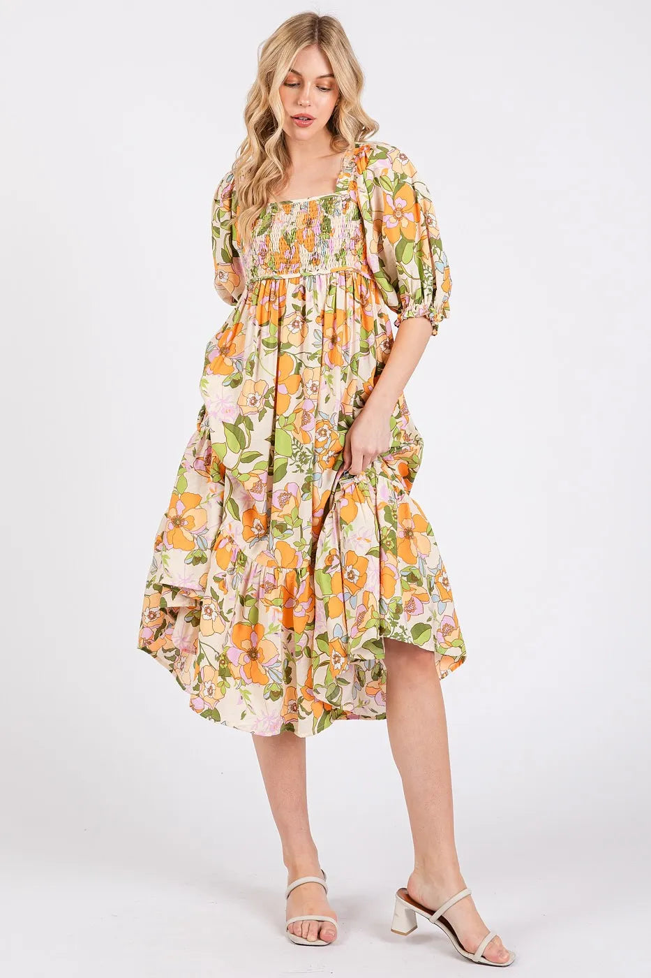Mittoshop Flower Print Puff Sleeve Ruffle Smocked Midi Dress.