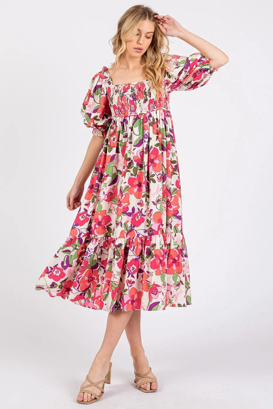 Mittoshop Flower Print Puff Sleeve Ruffle Smocked Midi Dress.