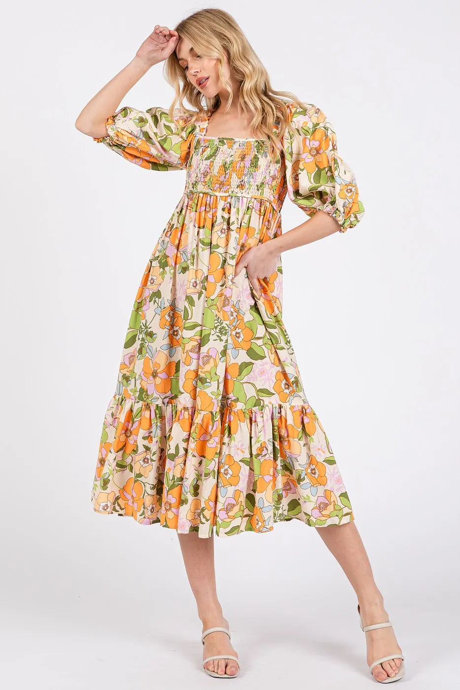 Mittoshop Flower Print Puff Sleeve Ruffle Smocked Midi Dress.