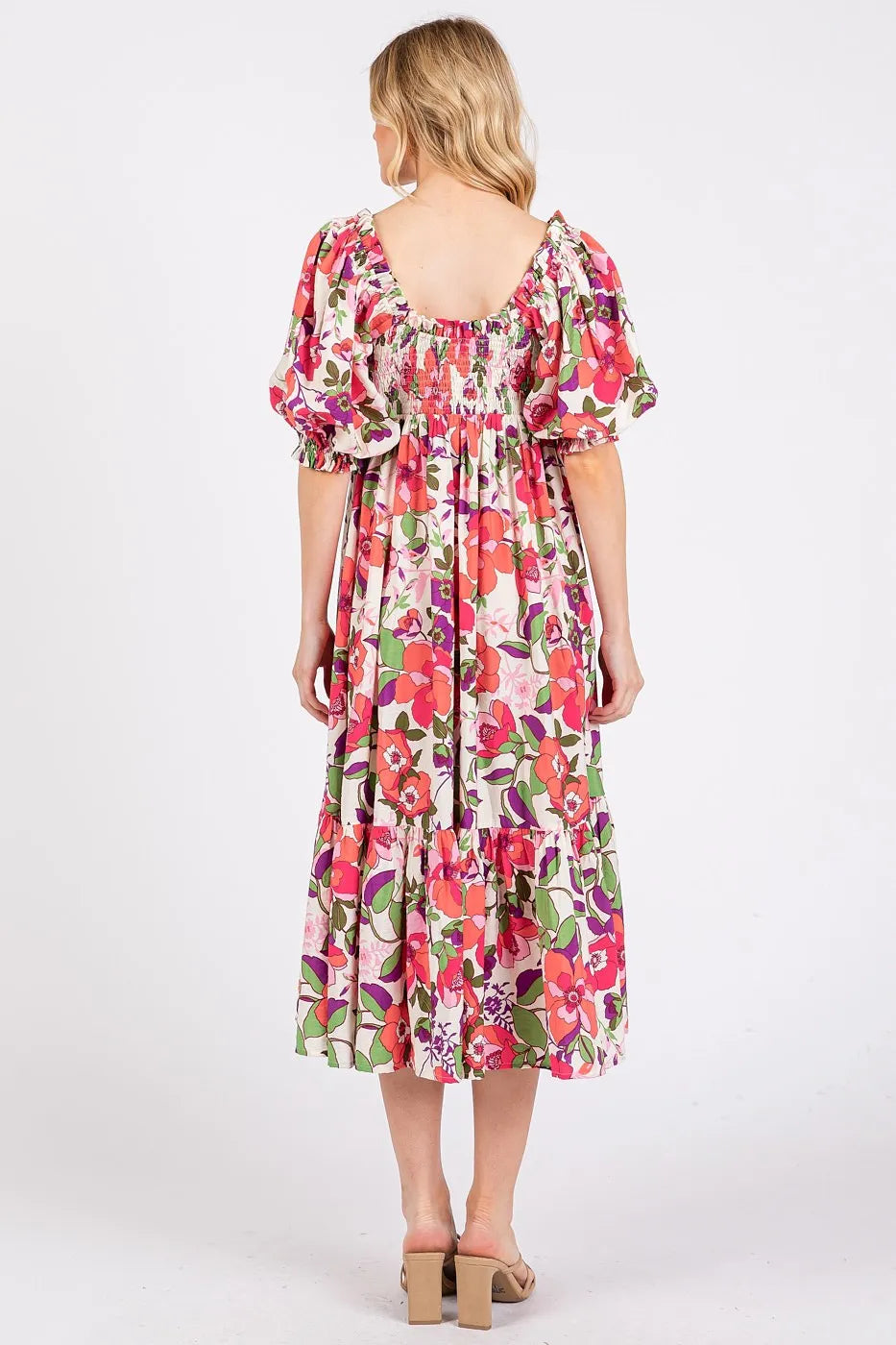 Mittoshop Flower Print Puff Sleeve Ruffle Smocked Midi Dress.