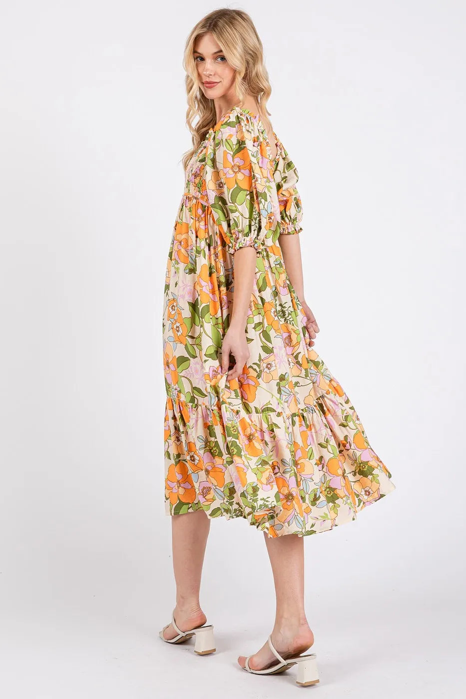 Mittoshop Flower Print Puff Sleeve Ruffle Smocked Midi Dress.