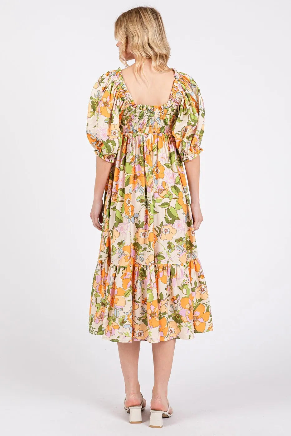 Mittoshop Flower Print Puff Sleeve Ruffle Smocked Midi Dress.