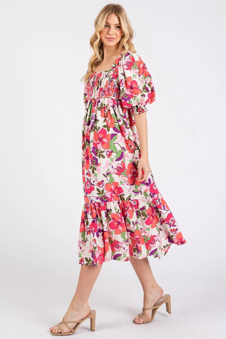 Mittoshop Flower Print Puff Sleeve Ruffle Smocked Midi Dress.