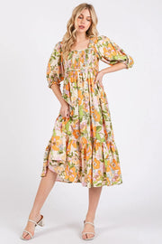Mittoshop Flower Print Puff Sleeve Ruffle Smocked Midi Dress.