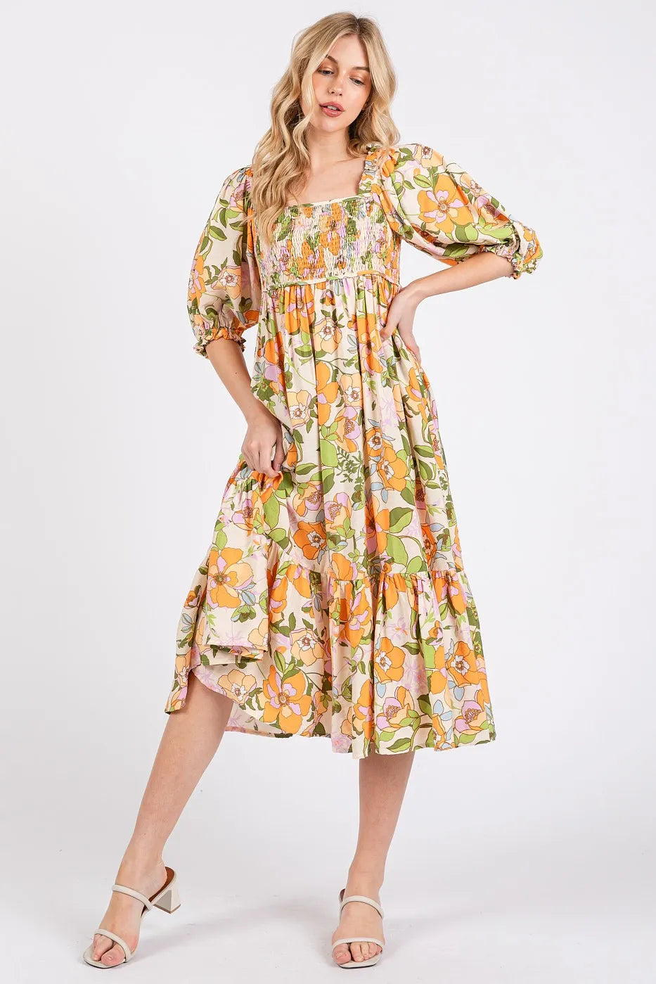 Mittoshop Flower Print Puff Sleeve Ruffle Smocked Midi Dress.