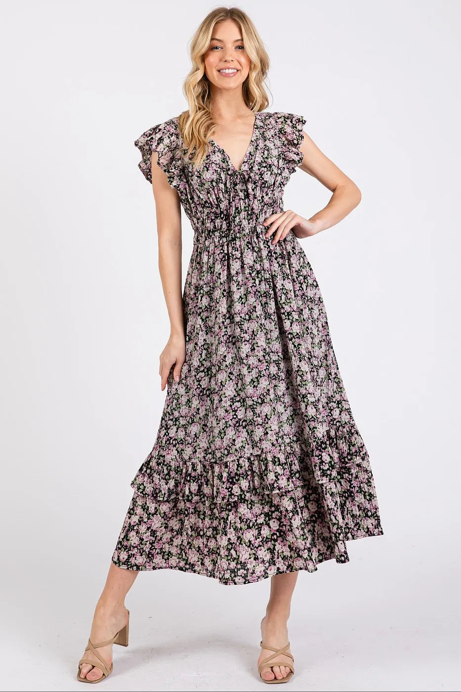 Mittoshop Flower Print Ruffle Cap Sleeve V-neck Midi Dress.