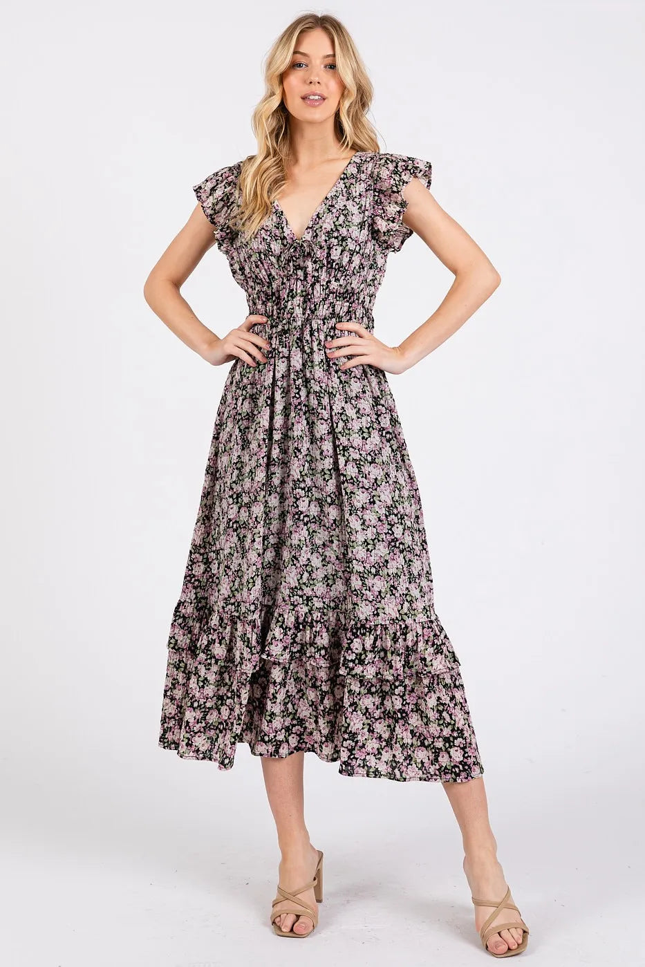 Mittoshop Flower Print Ruffle Cap Sleeve V-neck Midi Dress.
