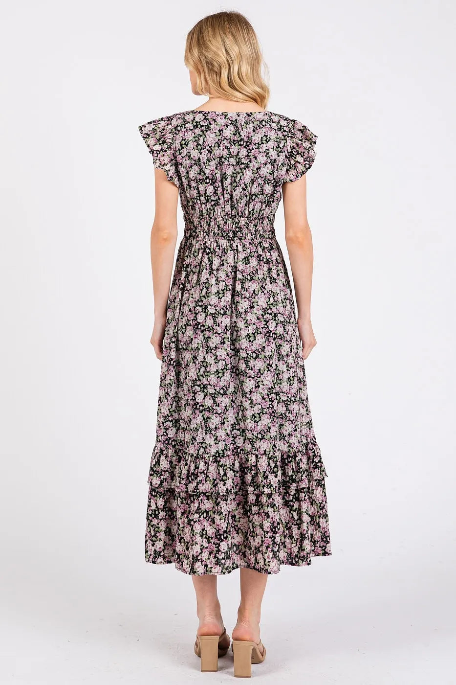 Mittoshop Flower Print Ruffle Cap Sleeve V-neck Midi Dress.