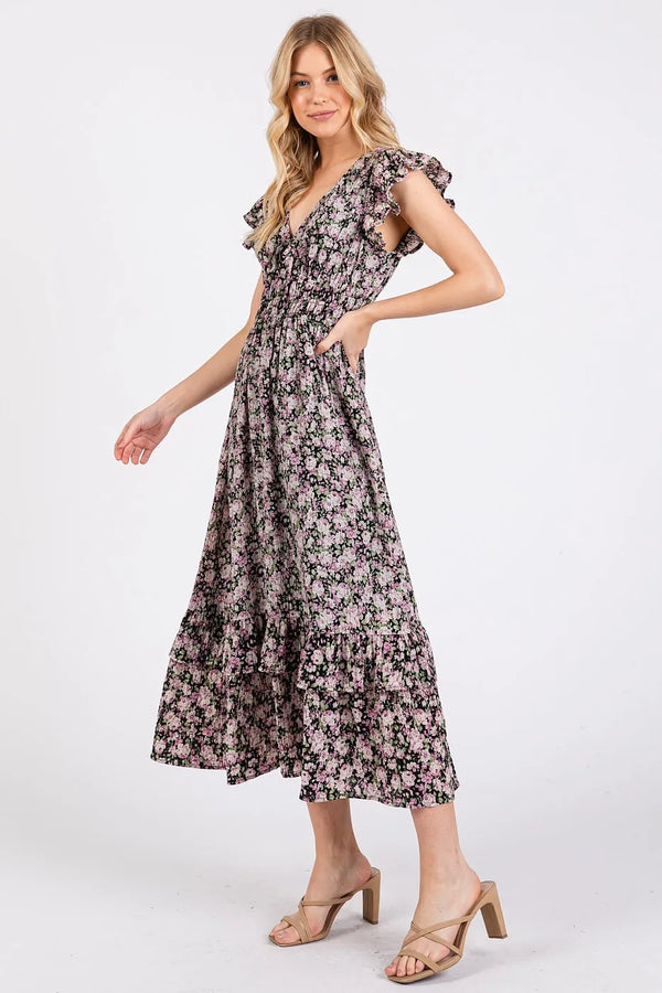 Mittoshop Flower Print Ruffle Cap Sleeve V-neck Midi Dress.