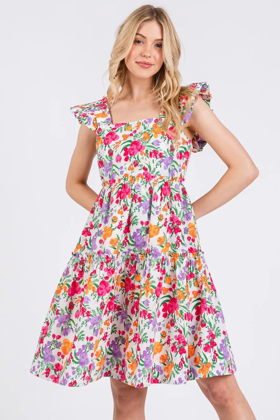 Mittoshop Flower Print Ruffle Shoulder A-line Mini Dress.