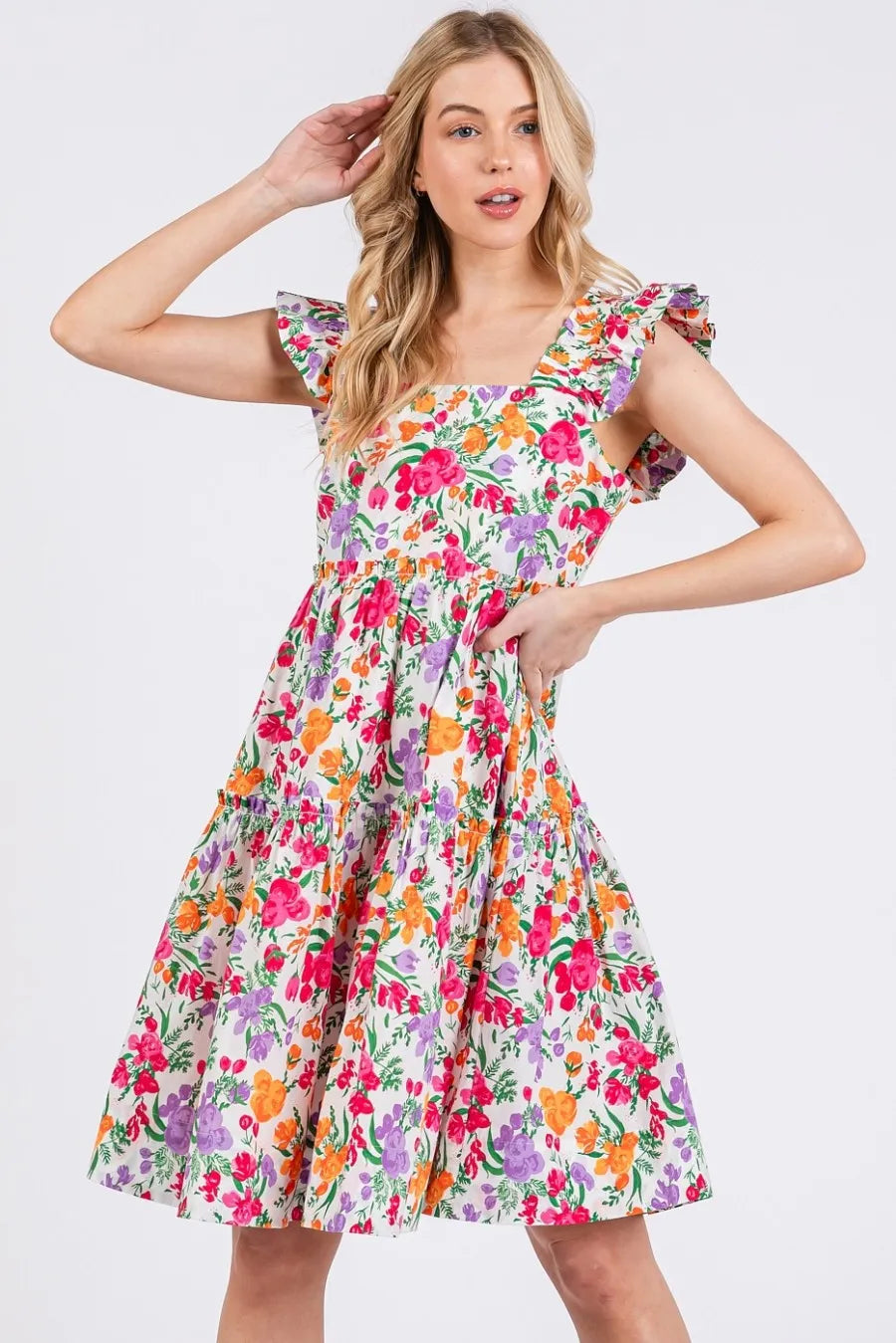 Mittoshop Flower Print Ruffle Shoulder A-line Mini Dress.
