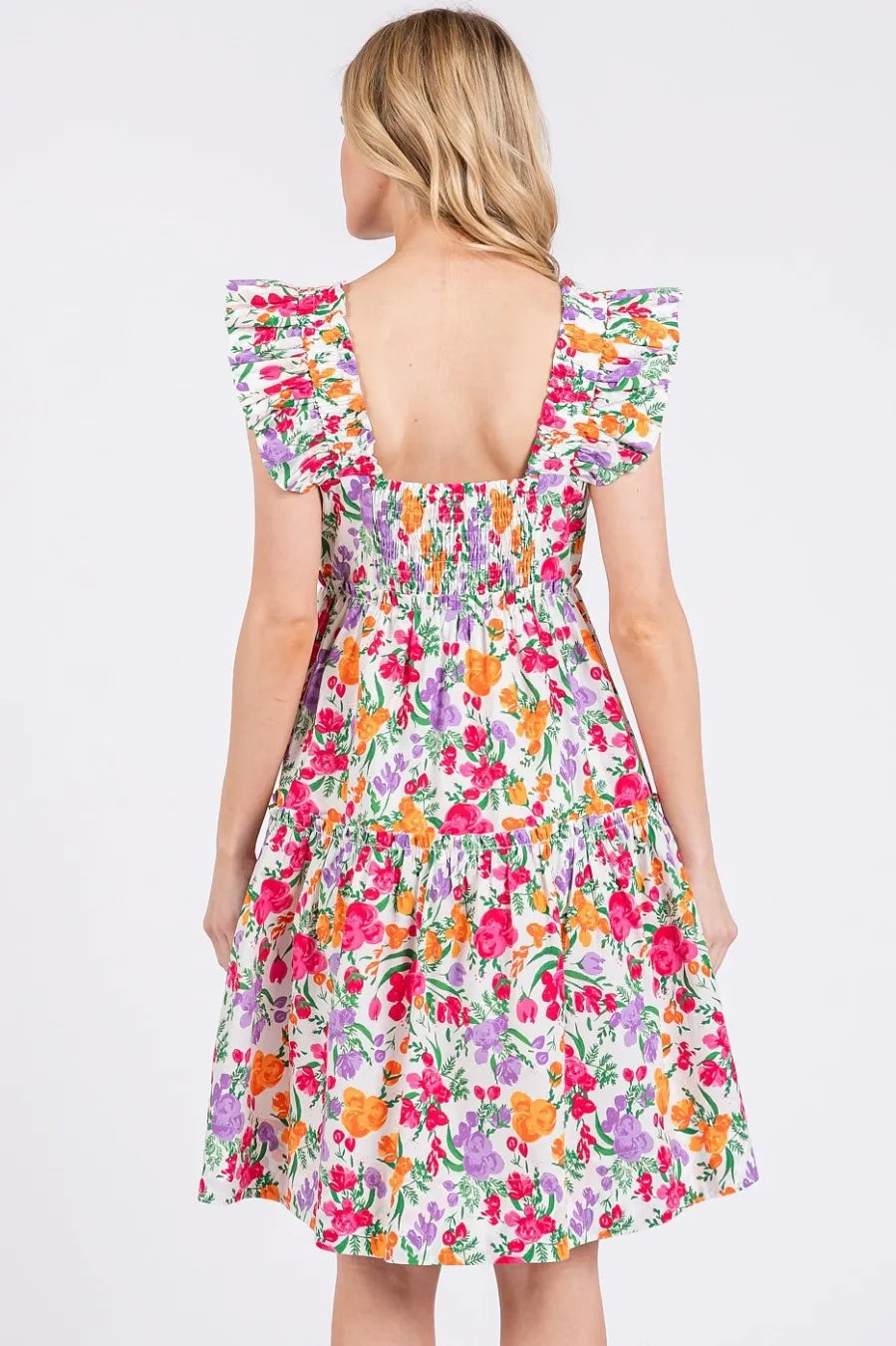 Mittoshop Flower Print Ruffle Shoulder A-line Mini Dress.