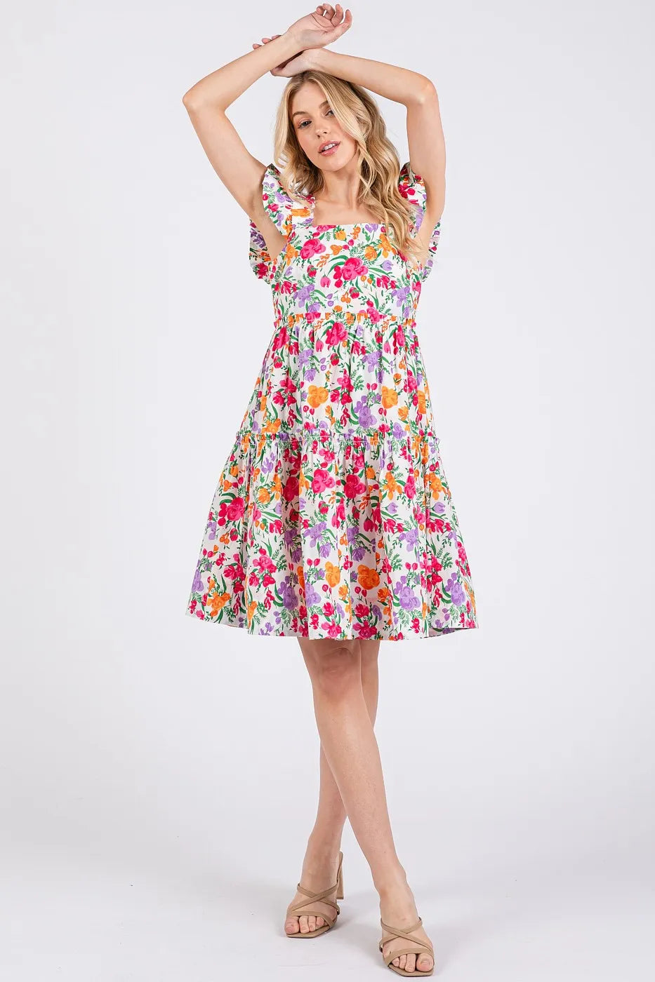 Mittoshop Flower Print Ruffle Shoulder A-line Mini Dress.