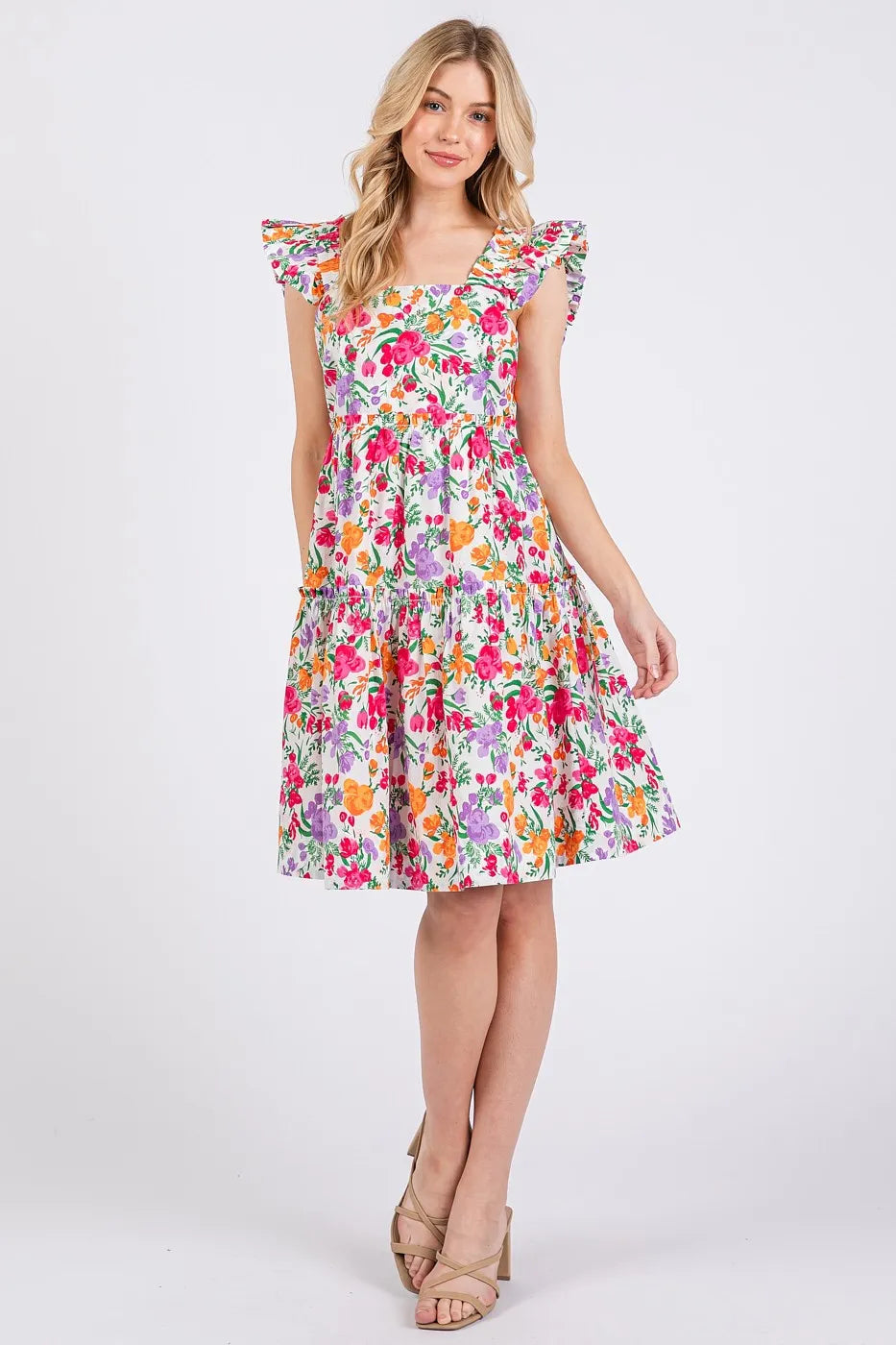 Mittoshop Flower Print Ruffle Shoulder A-line Mini Dress.