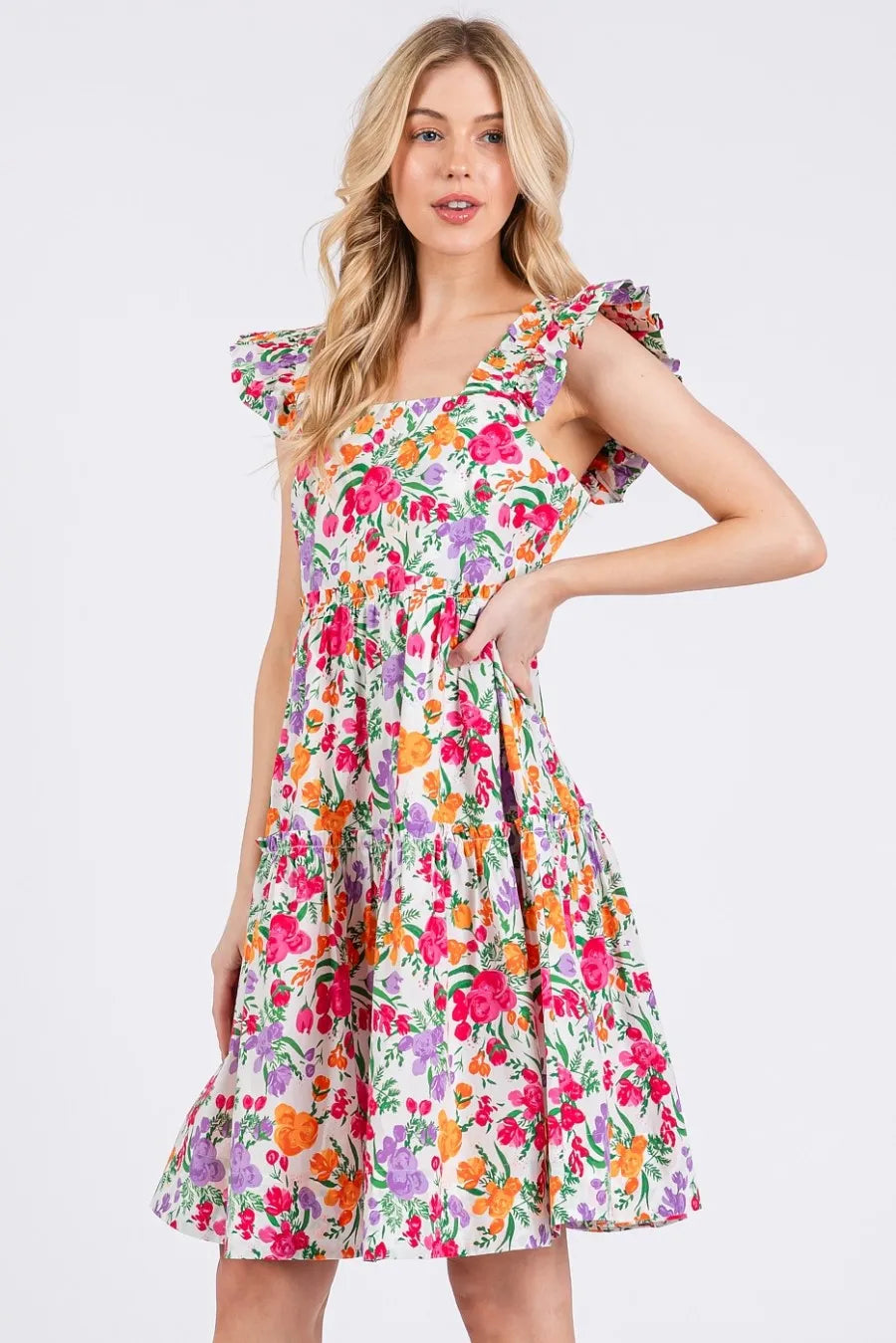 Mittoshop Flower Print Ruffle Shoulder A-line Mini Dress.