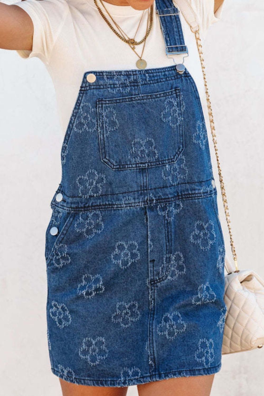 Flower Print Square Neck Denim Overall Dress.