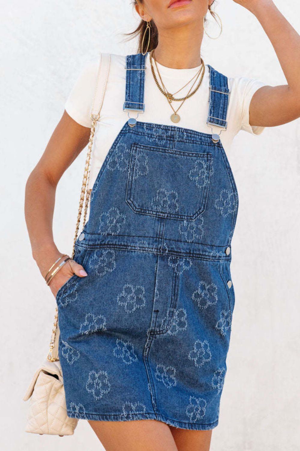 Flower Print Square Neck Denim Overall Dress.