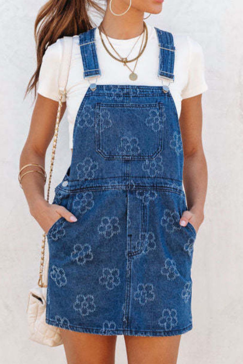 Flower Print Square Neck Denim Overall Dress.