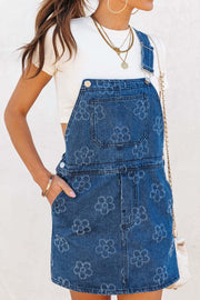 Flower Print Square Neck Denim Overall Dress.