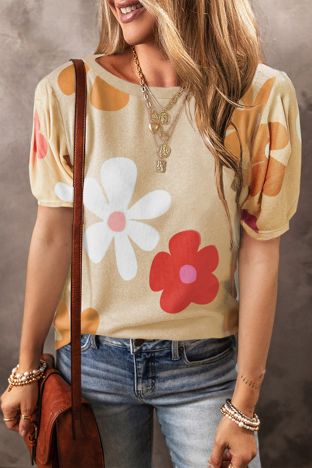 Flower round neck short sleeve blouse.