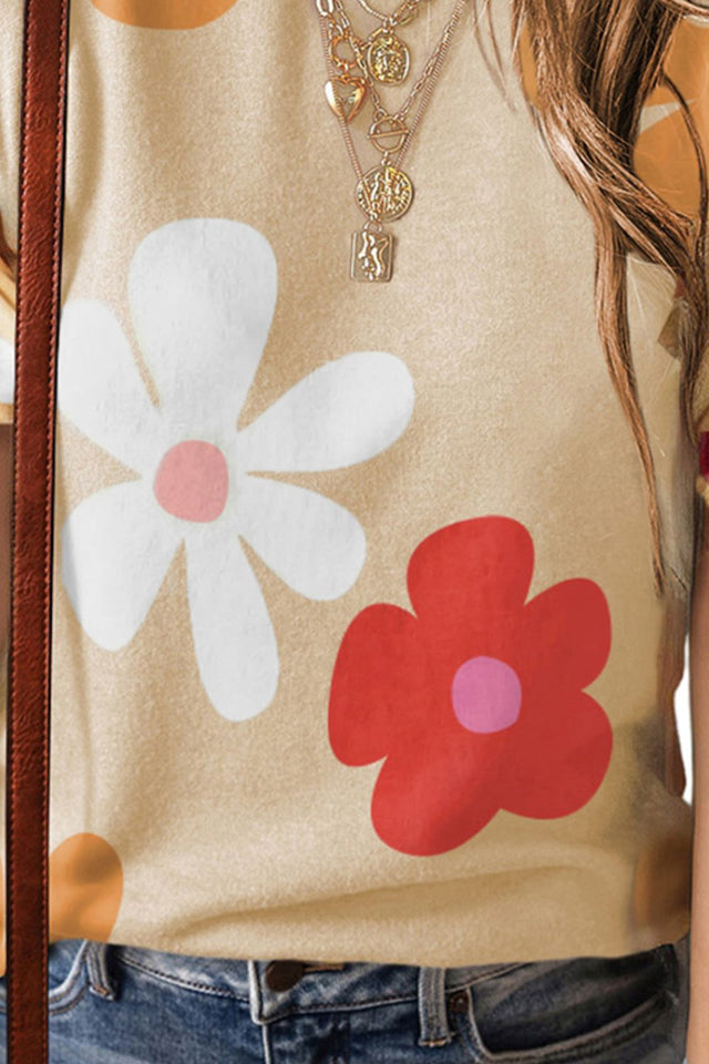Flower round neck short sleeve blouse.