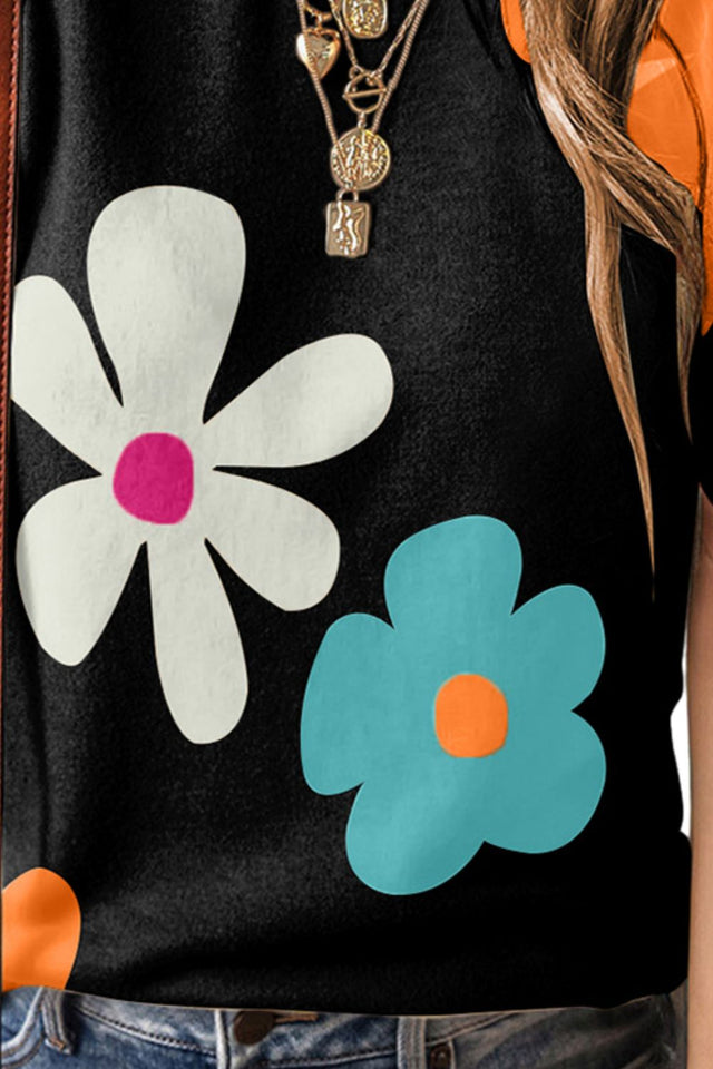 Flower round neck short sleeve blouse.