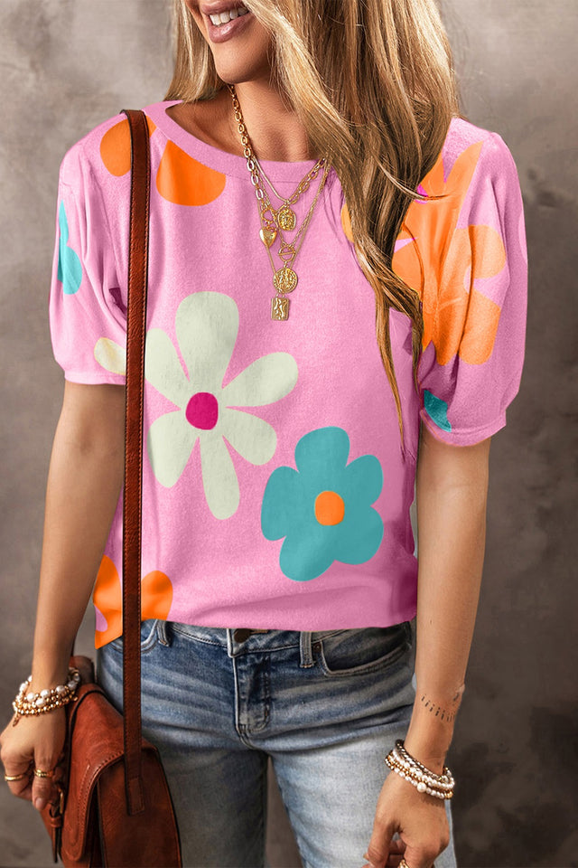 Flower round neck short sleeve blouse.