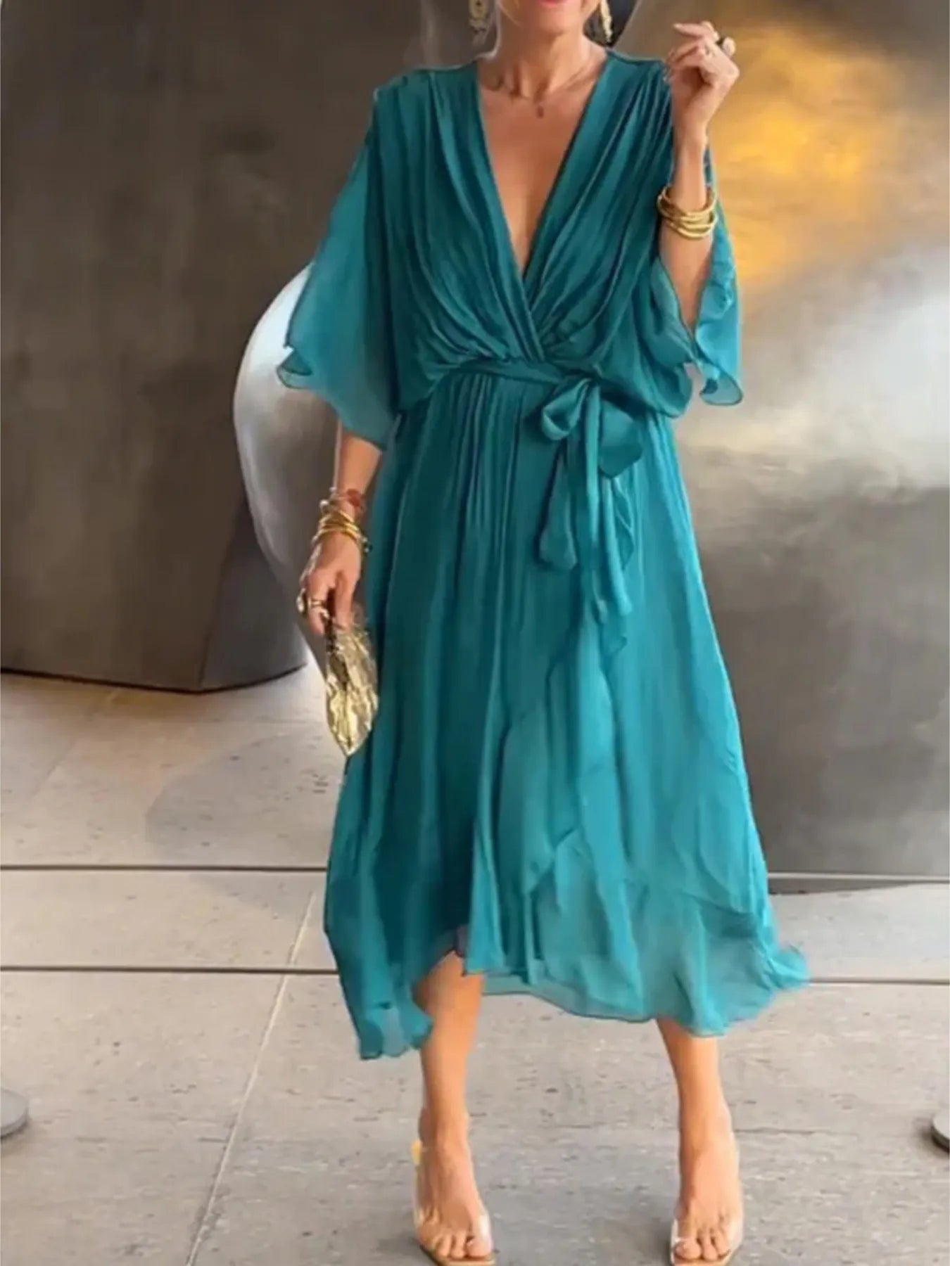 Plus Size Flowy Tie Front Midi Dress with Flutter Sleeves.