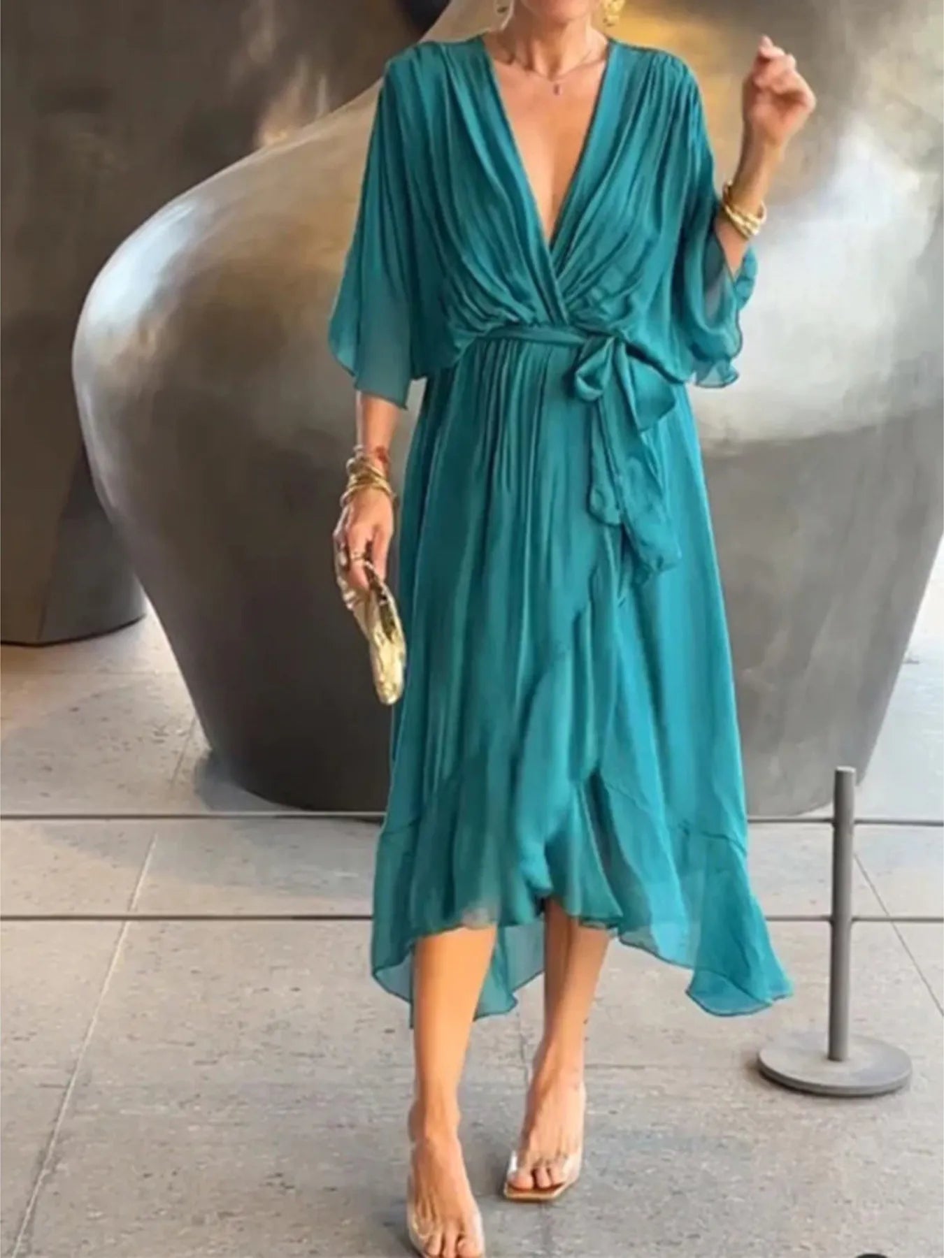Plus Size Flowy Tie Front Midi Dress with Flutter Sleeves.