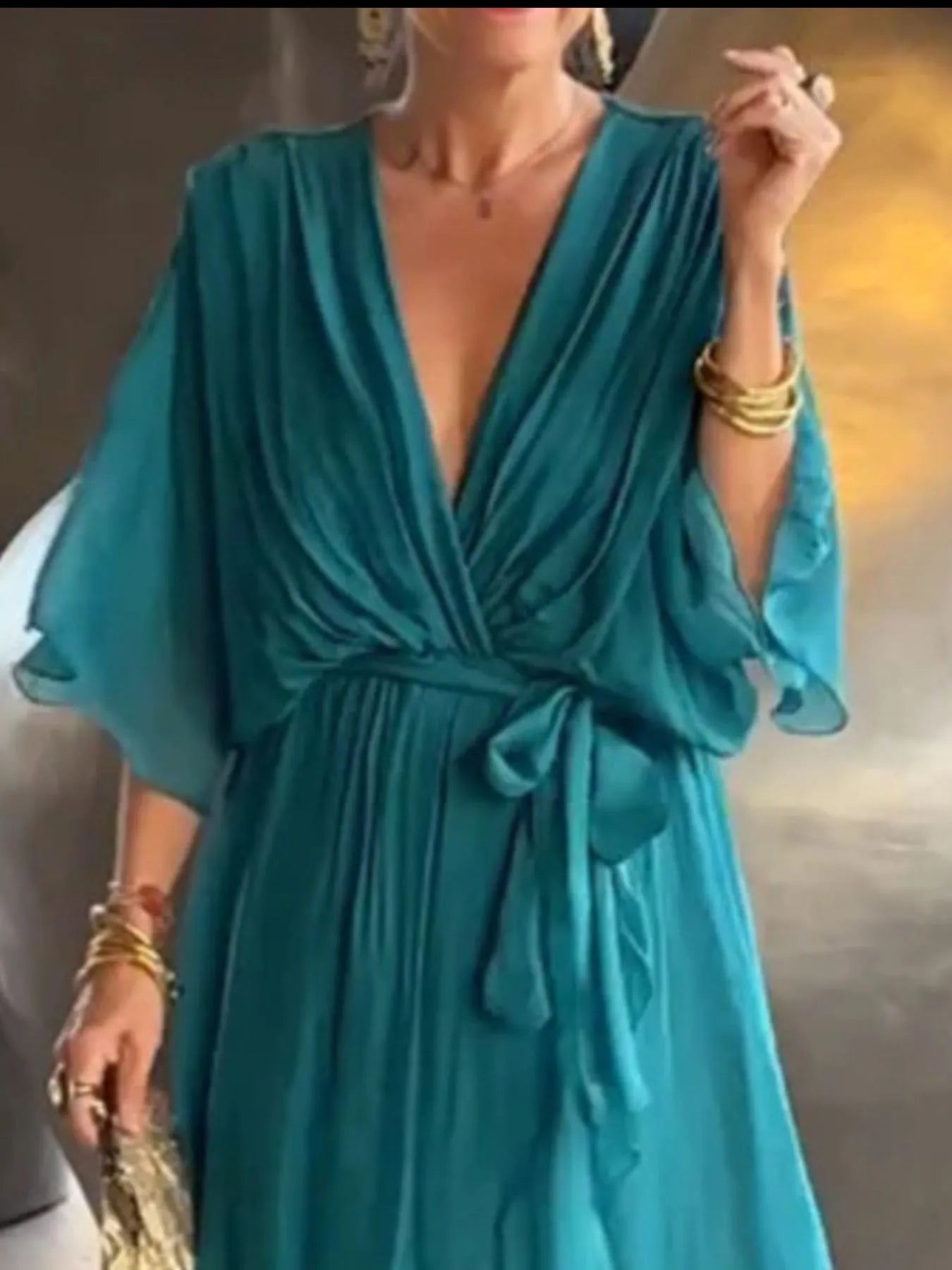 Plus Size Flowy Tie Front Midi Dress with Flutter Sleeves.