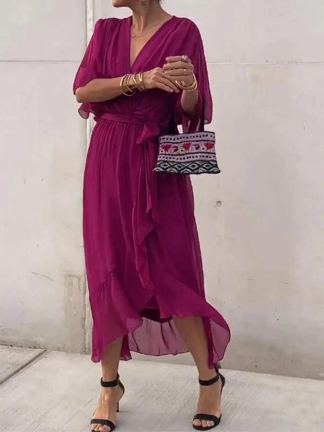 Plus Size Flowy Tie Front Midi Dress with Flutter Sleeves.